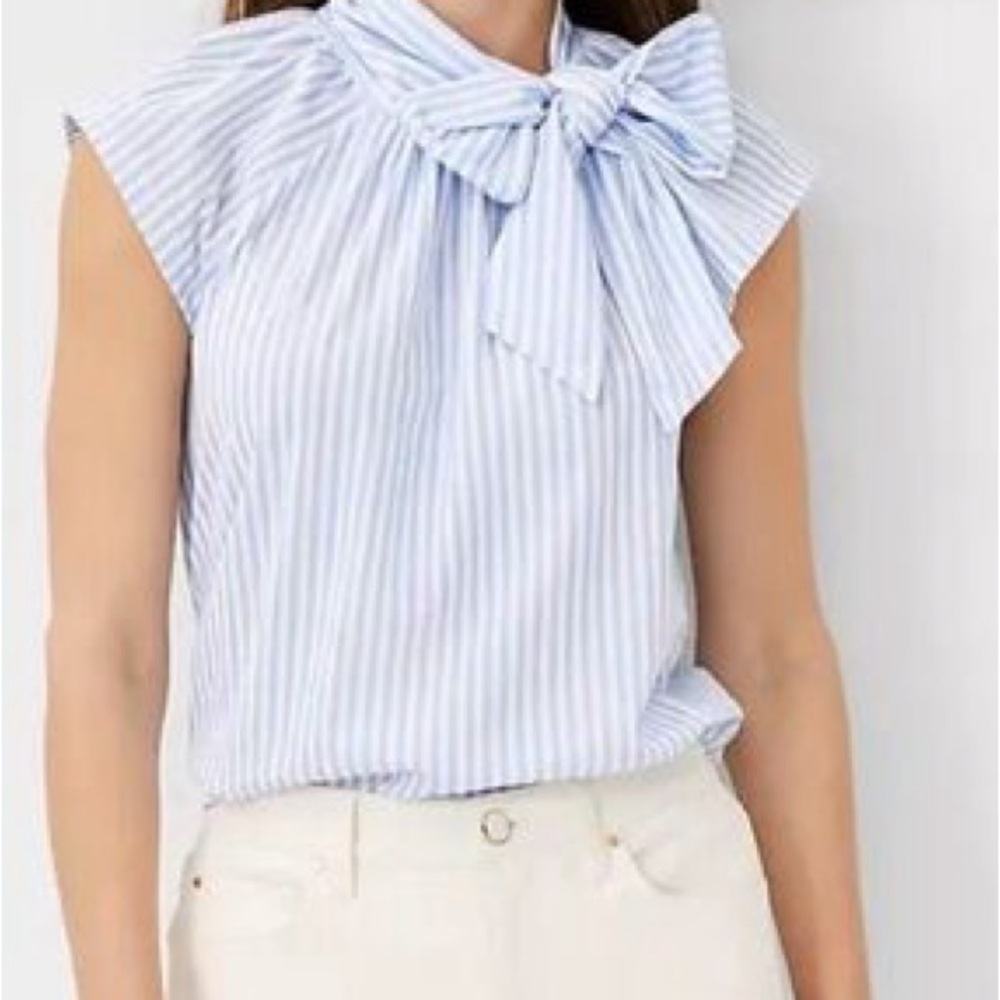 Ann Taylor Light Blue Striped Bow-Neck Cap Sleeve Blouse
